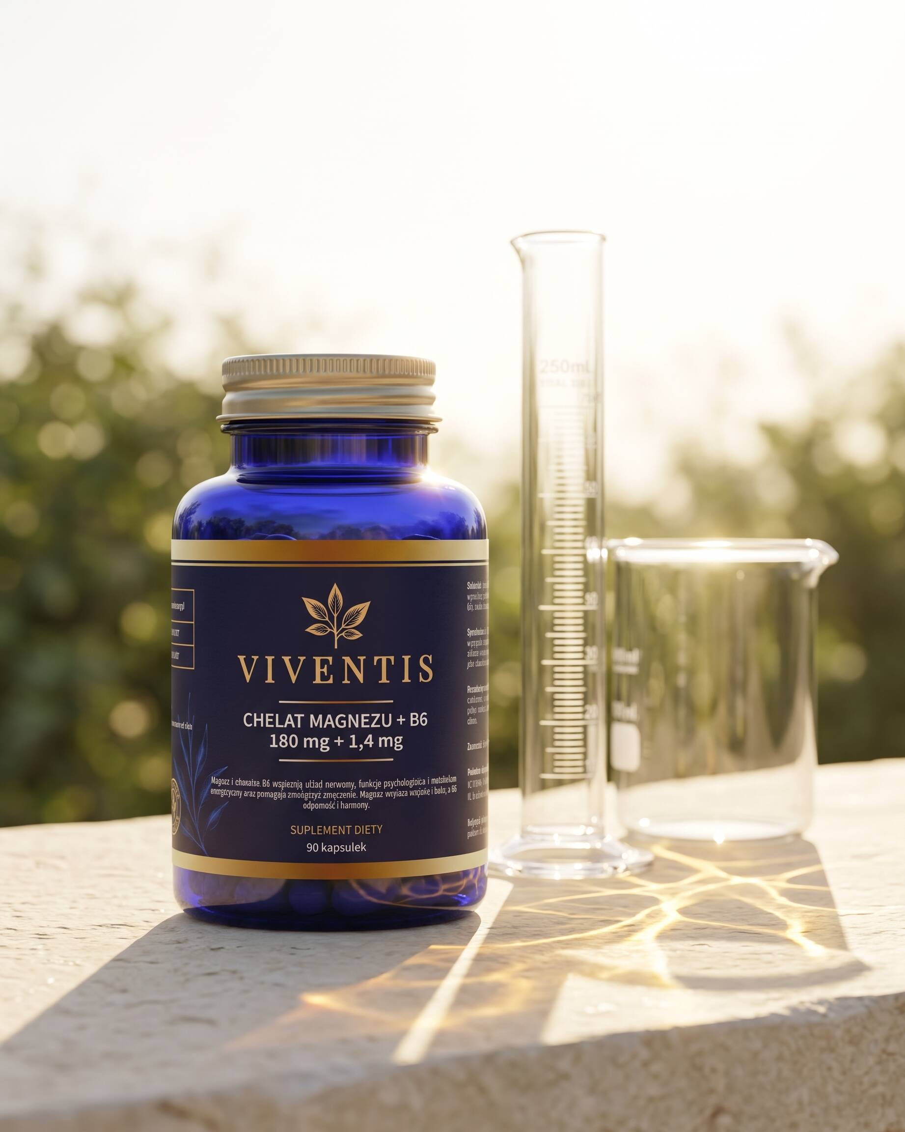 Viventis Chelat magnezu + B6 &mdash; butelka przy szkle laboratoryjnym w słońcu